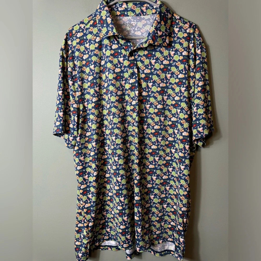 1764 Palm Trees/Fish/Crabs All Over Print Blue‎ Men's Golf Polo Shirt Size XL